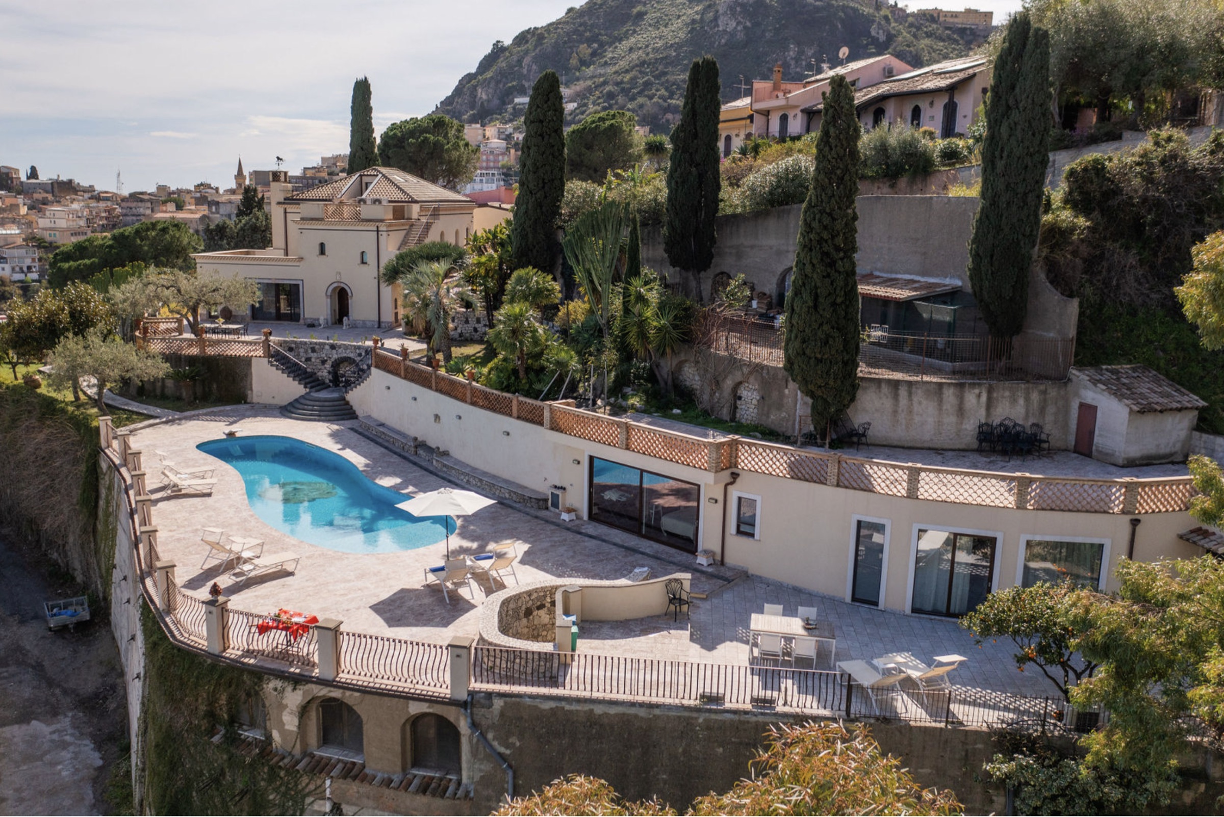 The pool terrace from the drone